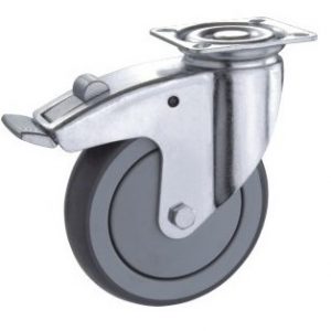 rueda de goma gris con base giratoria y freno y cubrerueda