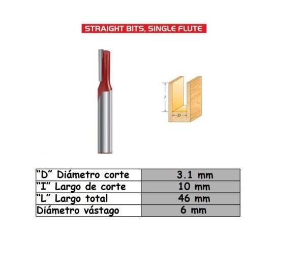 Fresa para trompo (D0101) de 6mm x 1/8" Straight Bit (1F)