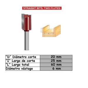 Fresa para trompo (0708) de 6mm x 3/4" Straight Bit (2F)