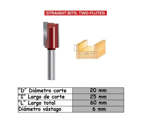 Fresa para trompo (0708) de 6mm x 3/4" Straight Bit (2F)