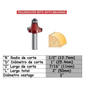 Fresa para trompo (1704)(E0705) de 1/4" x 1/2" Corner Rounding Bit