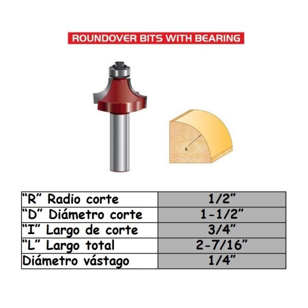 Fresa p/trompo (1706)(E0708) de 1/4" x R1/2" x R1" Corner Rounding Bit