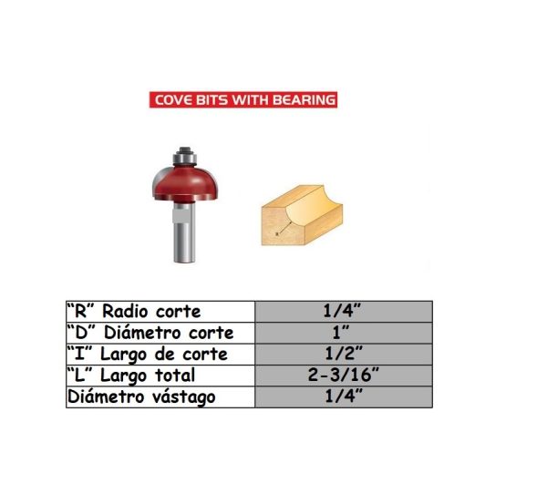 Fresa para trompo (2003)(E1104) de 1/4" x R5/16" x R1/4" Cove Bit With Bearing
