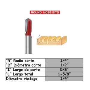 Fresa para trompo (1603)(D1303) de 1/4" x 1/2" Round Nose Bit