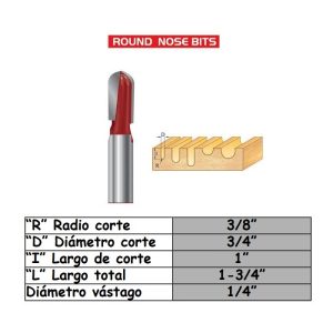 Fresa para trompo (1605)(D1305) de 1/4" x 3/4" Round Nose Bit