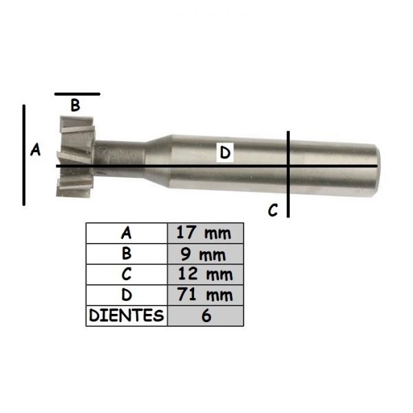 Fresa T-631 para metal diámetro 17mm alto 9mm Recta