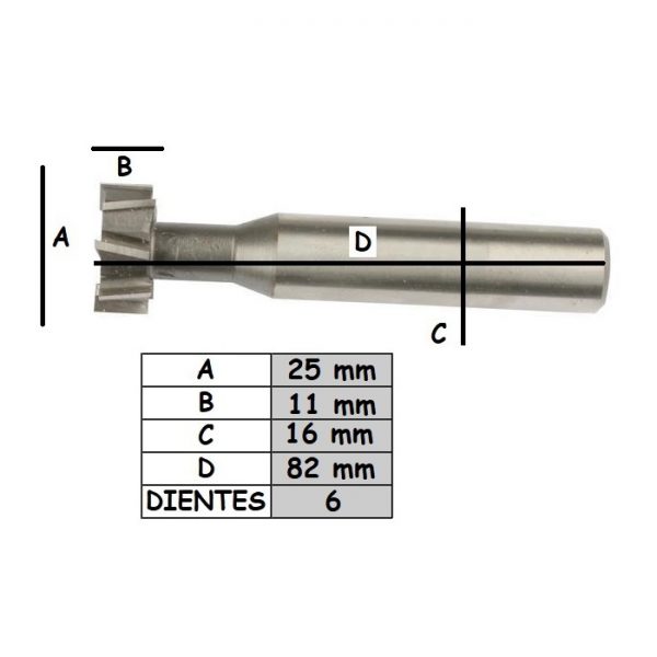 Fresa T-631 para metal diámetro 25mm alto 11mm Recta