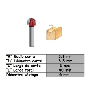 Fresa para trompo de 6mm x 6.3mm Core Box Bit
