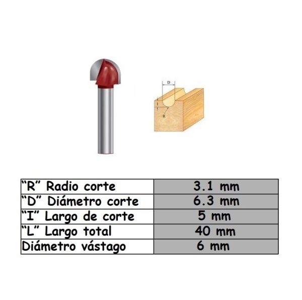 Fresa para trompo de 6mm x 6.3mm Core Box Bit