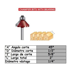 Fresa para trompo de 6mm x 12.7mm 45º Chamfer Bit With Bearing