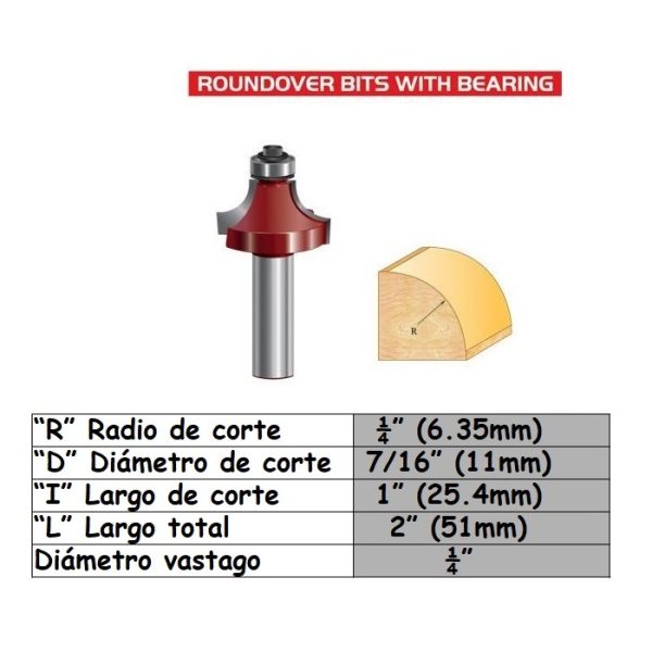 Fresa para trompo (1803) de 1/4" x 1" x 1/4" Corner Rounding Bit