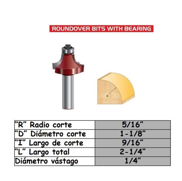 Fresa para trompo (1804) de 1/4" x R5/16" Corner Rounding Bit