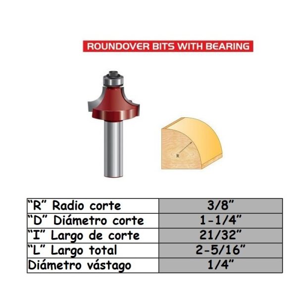 Fresa para trompo (1805) de 1/4" x R3/8" Corner Rounding Bit