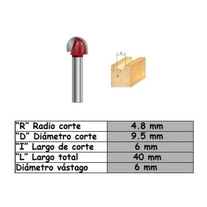 Fresa para trompo de 6mm x 9.5mm Core Box Bit
