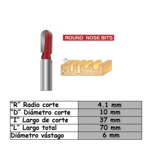 Fresa para trompo (1401) de  6mm x 3/8" x 1-1/2" Long Blade Round Nose Bit