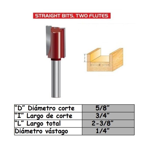 Fresa para trompo (D0205) de 1/4" x 5/8" Straight Bit
