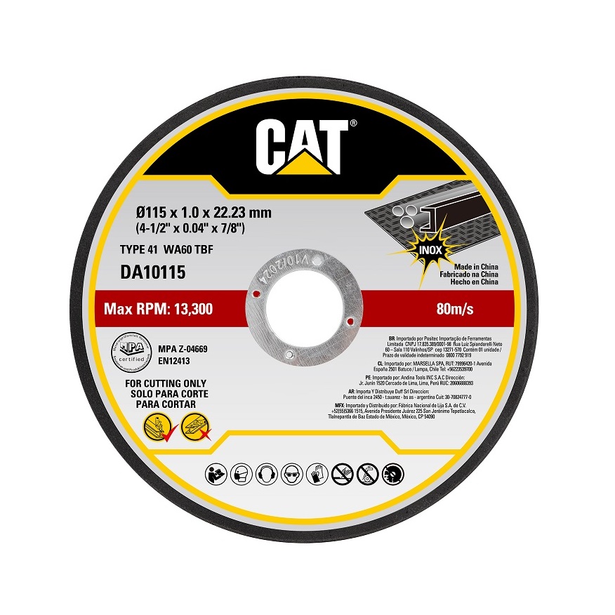 Disco CAT corte metal/inoxidable de 115mm x 1mm x 7/8″ paquete de 10 piezas